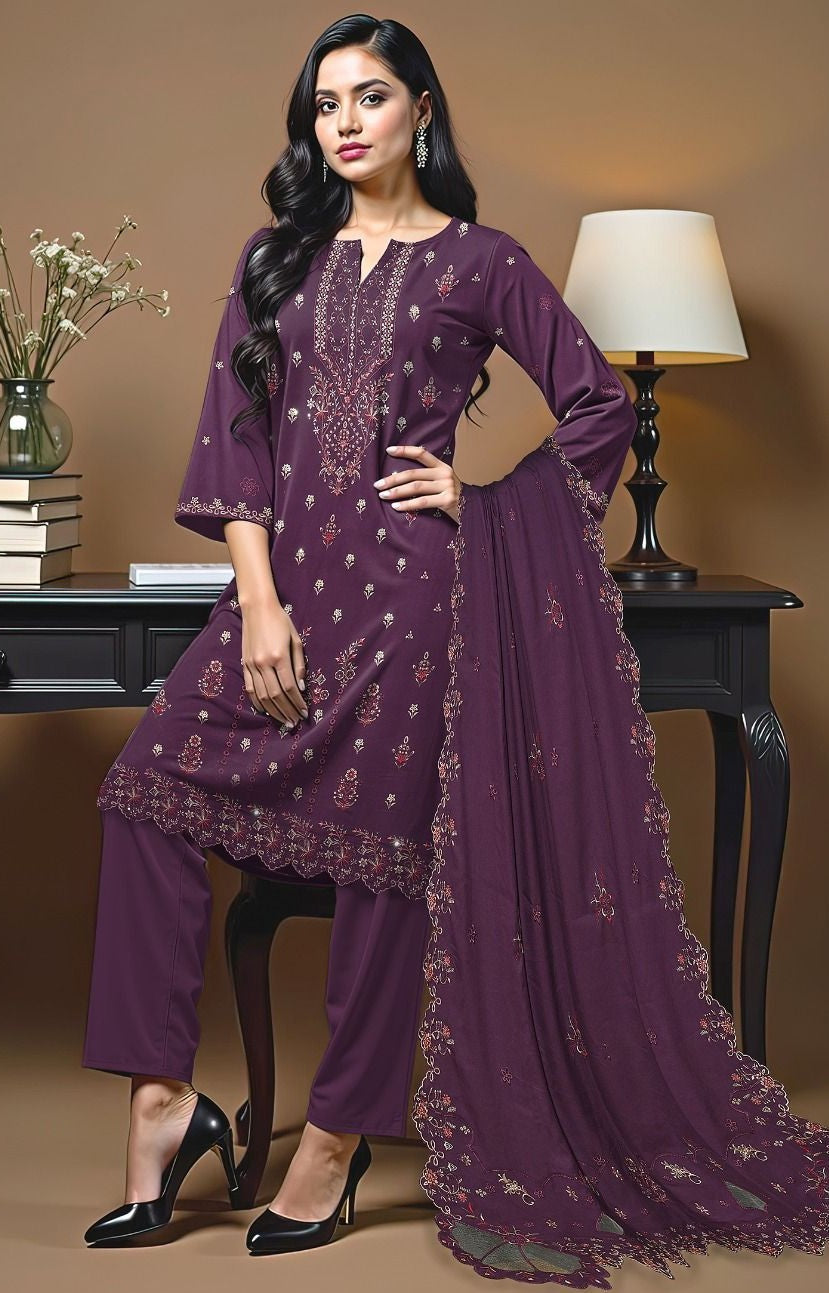 BAREEZE | DHANAK 3 PIECE UNSTICHED FULL HEAVY EMB SUIT WITH HEAVY EMB SHAWL FOR WINTER 2025-26
