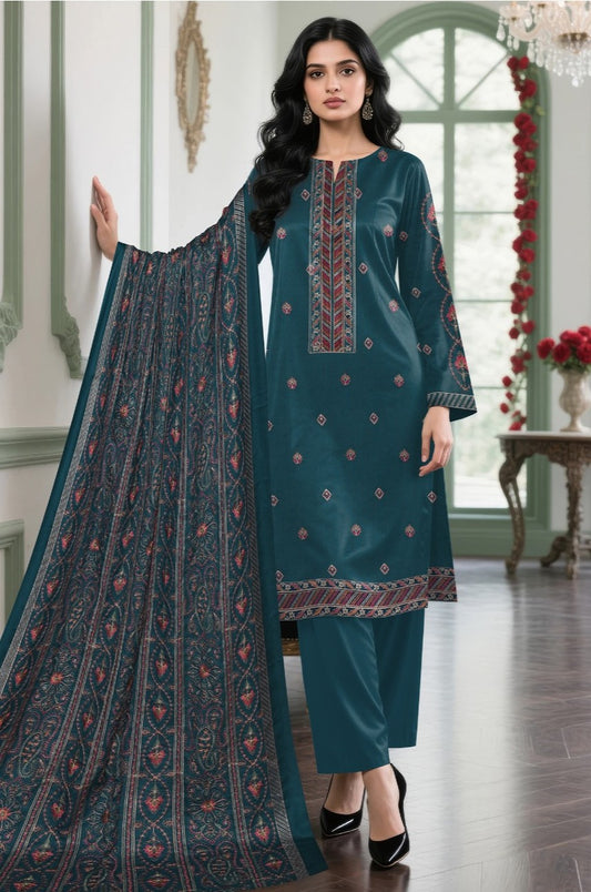 BAREEZE | DHANAK 3 PIECE UNSTICHED FULL HEAVY EMB SUIT WITH HEAVY EMB SHAWL FOR WINTER 2025-26