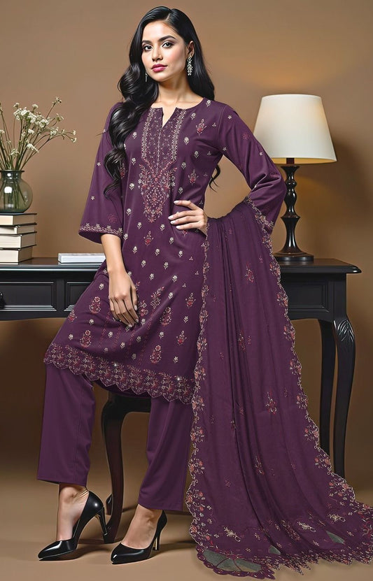 BAREEZE | DHANAK 3 PIECE UNSTICHED FULL HEAVY EMB SUIT WITH HEAVY EMB SHAWL FOR WINTER 2025-26